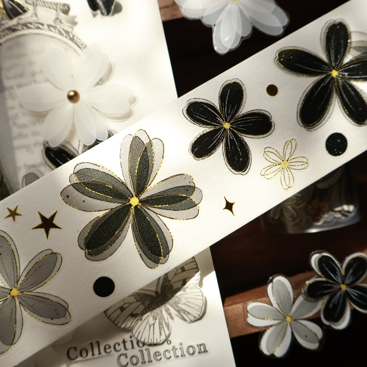 4cm*5m/6m Pre-Cut Black and White Flower Tape
