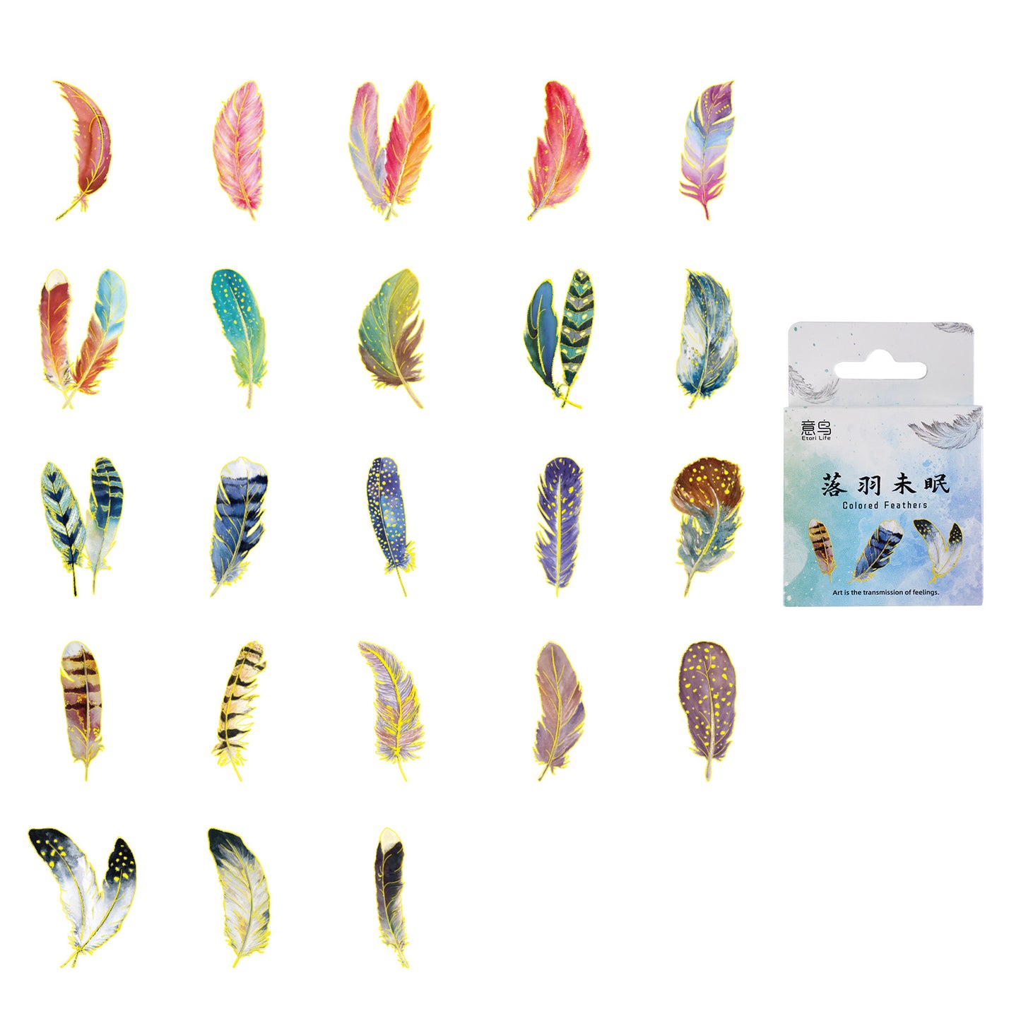 Colored Feather Stickers 46pcs