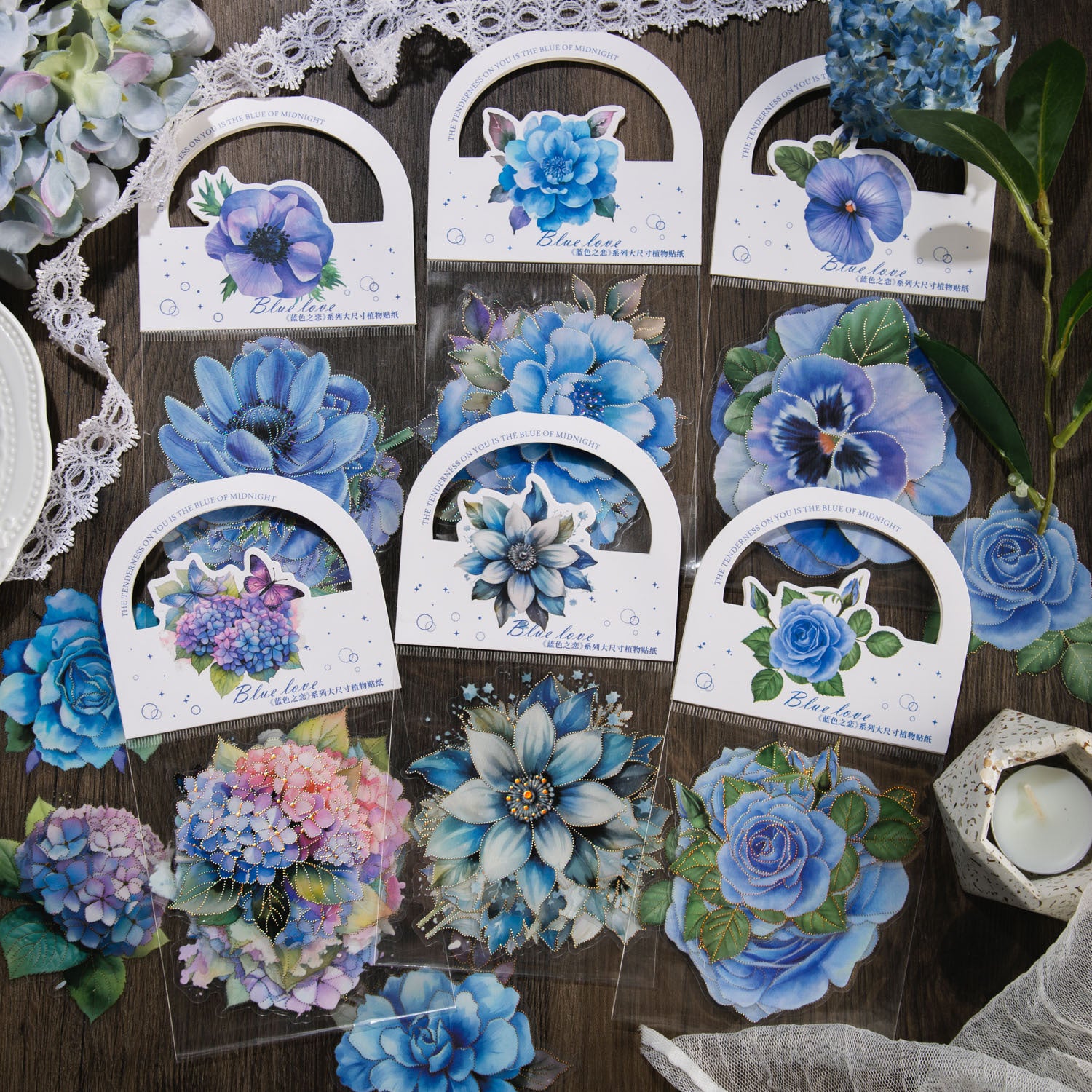 Blue Love Flower Stickers 10pcs