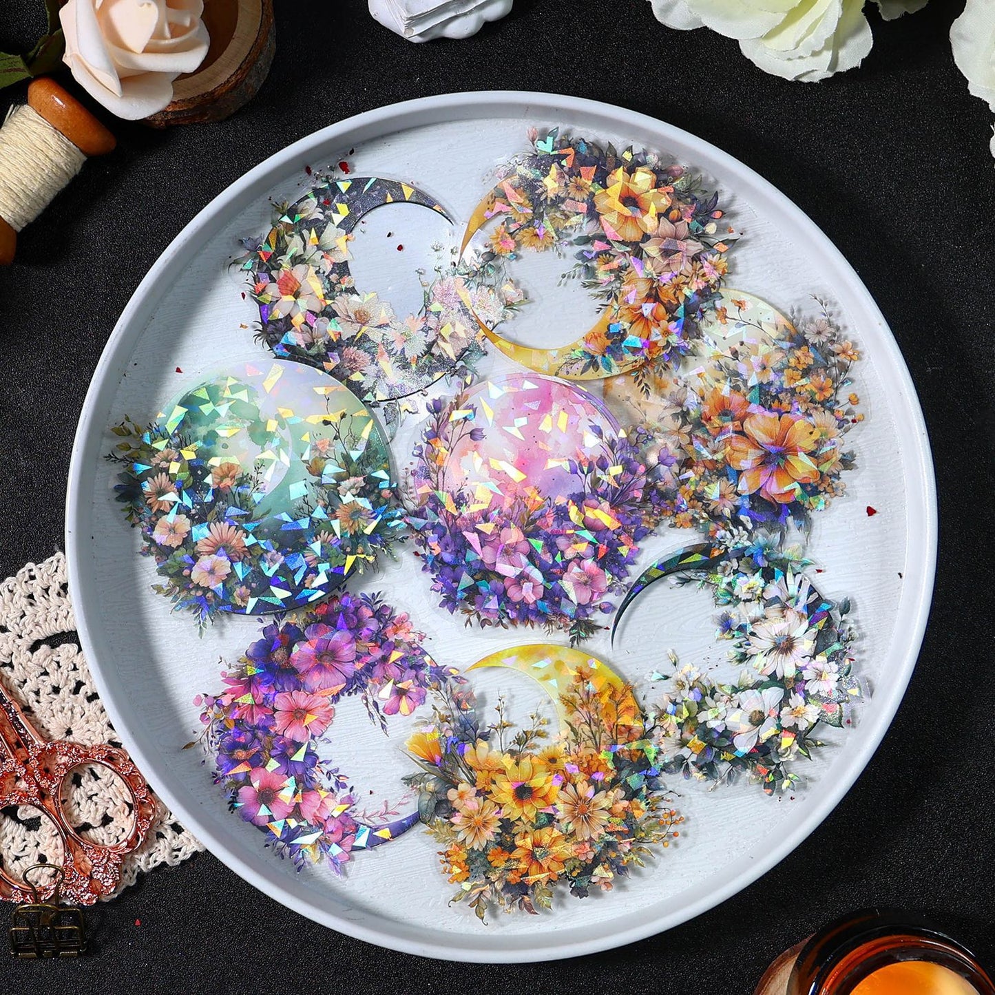 Moon Shadow and Flower Stickers 10pcs