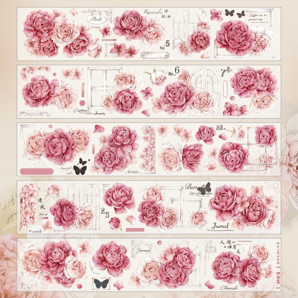 6cm*150cm Pink Peony Retro Flower Washi/Tape PET