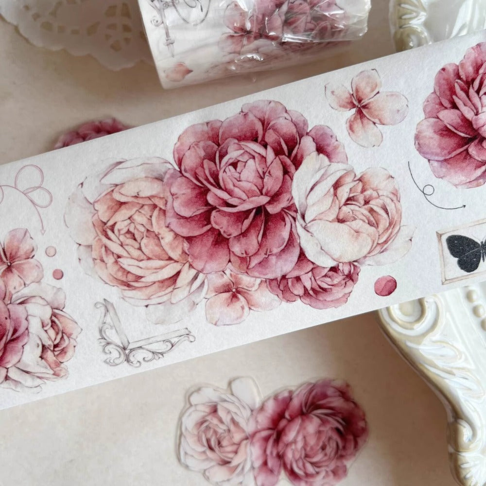 6cm*150cm Pink Peony Retro Flower Washi/Tape PET